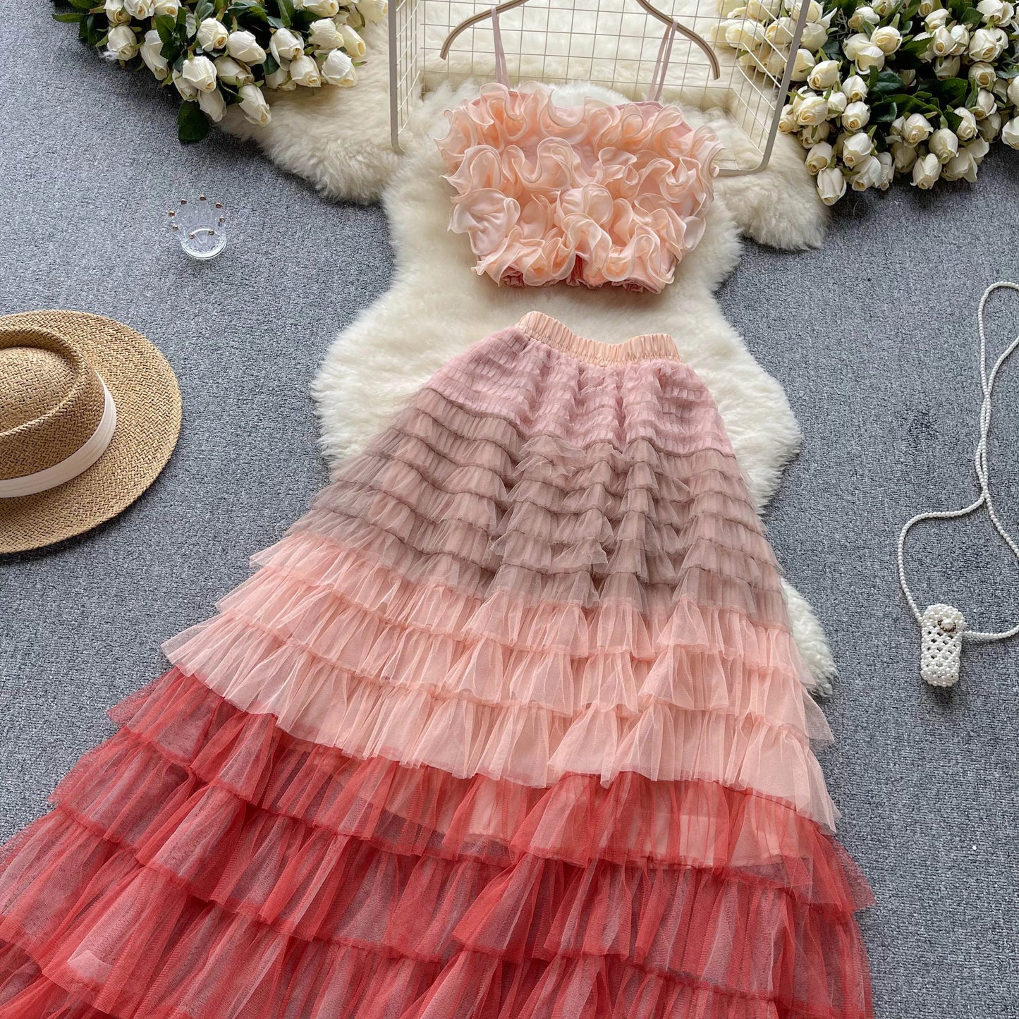 New Women Two Piece Set Summer Three-dimensional Flower Mesh Vest Tank Tops+mesh Long Skirts Fashion Korean Outfits