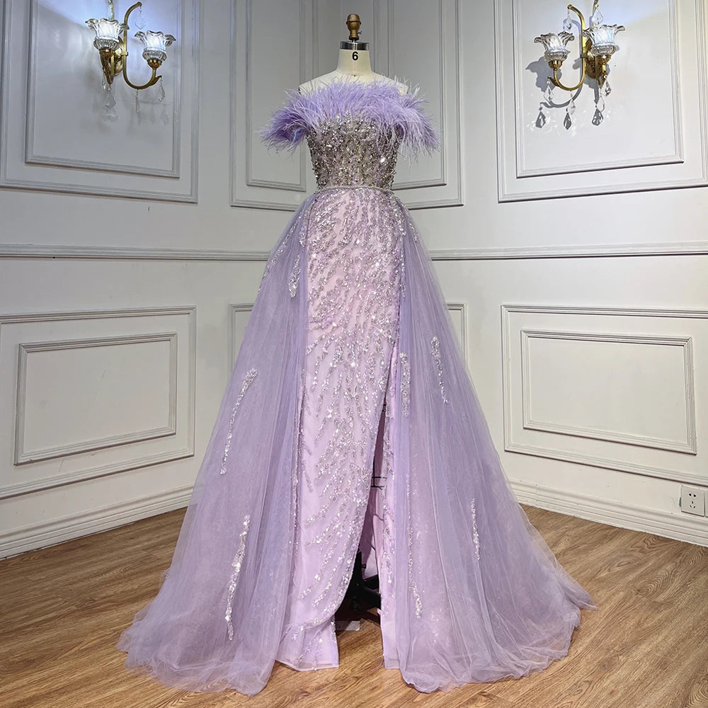 SERENE HILL 2024 Blue Feather Mermaid Luxury Beaded Evening Dresses Overskirt Formal Pink Gowns For Women Wedding Party GLA72061