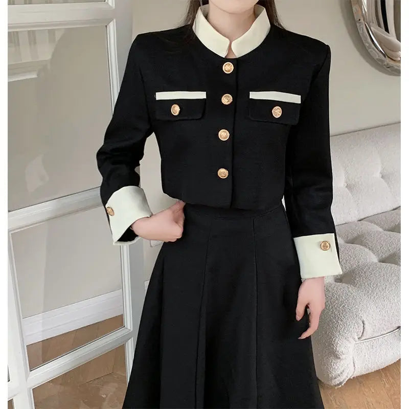 Women’s Elegant Two Piece Set Trendy Chic Sets Single Breasted Cropped Jacket Coat+High Waist Midi A-line Skirts Female Spring