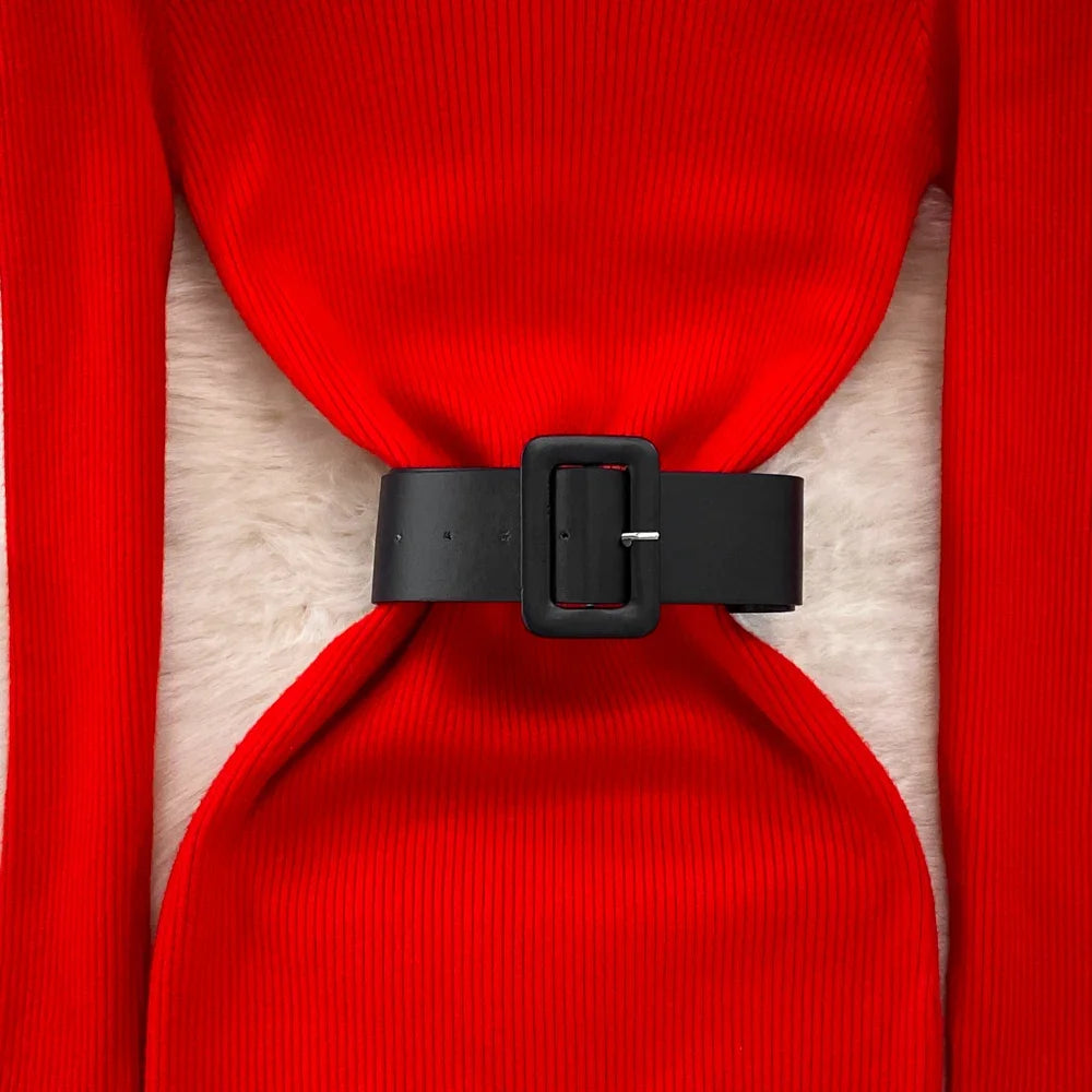 Elegant Turtleneck Long Sleeve Knit Soft Tight Pencil Dress with Belt Slim Fashion Warm Sweater Vestido Sexy Women Winter Robe