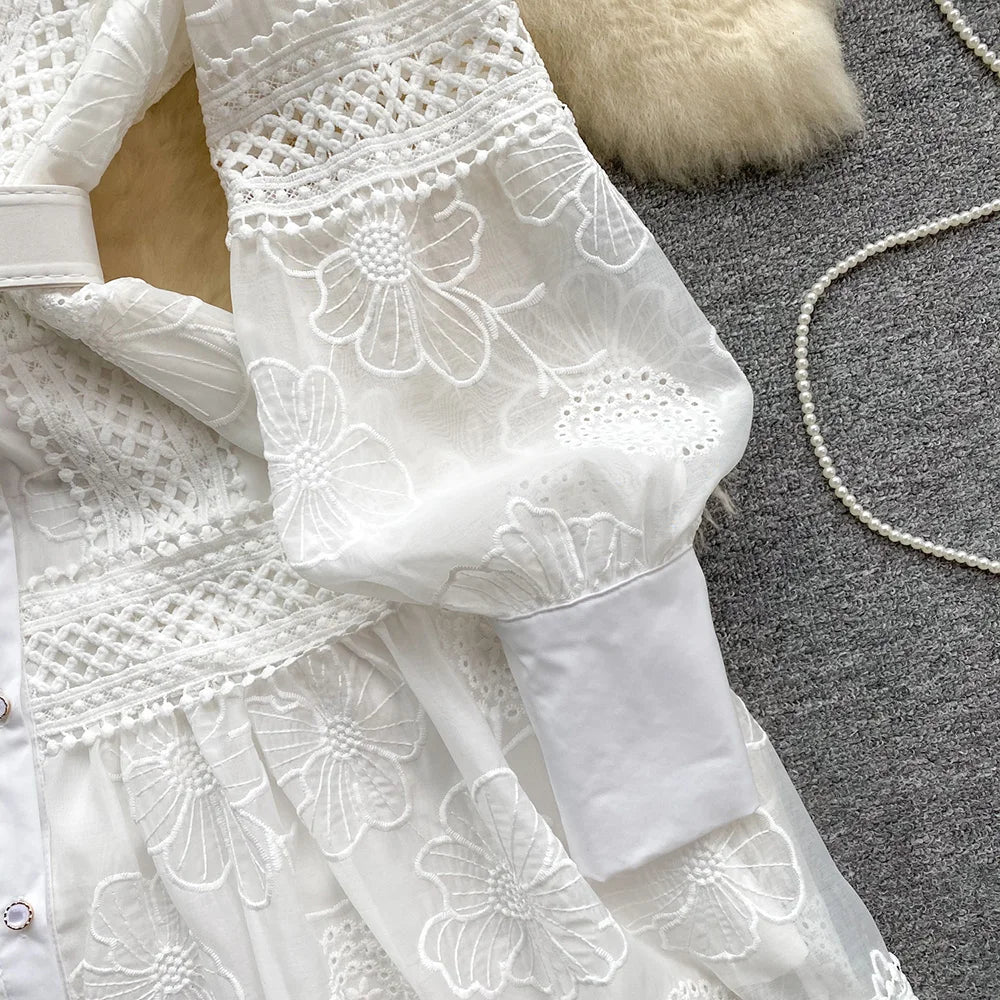 Spring Dresses 2024 Crochet Trim Cutwork Embroidery Mini Holiday Dress Women Stand Collar Long Sleeve Elegant Party Dresses