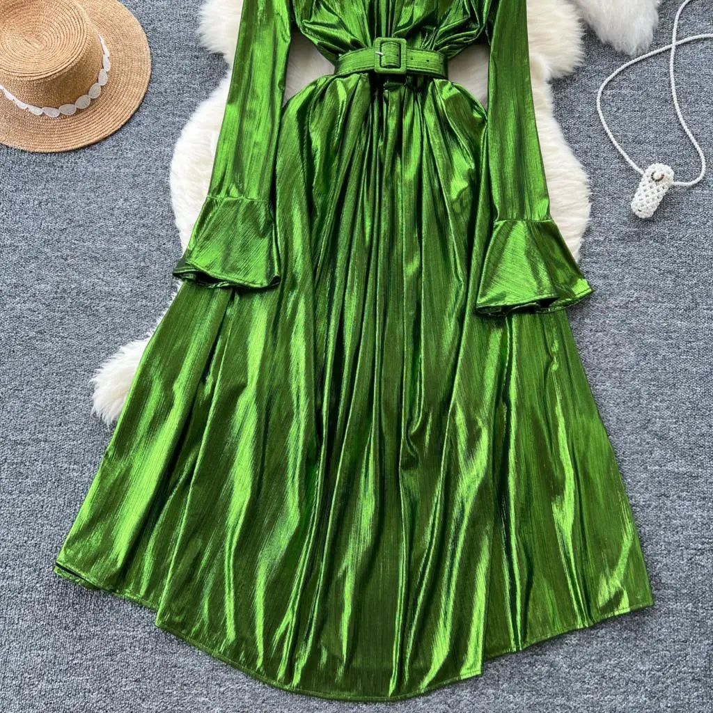 Autumn Vintage Pleated Women Long Dress Elegant Stand Collar Solid A-Line Party Prom Vestidos Female Birthday Clothes Mujers