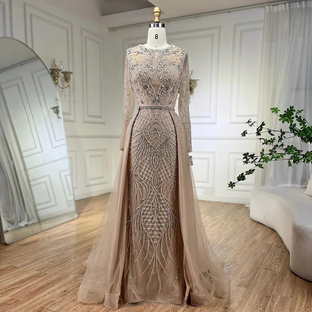 Serene Hill Muslim Silver Nude Mermaid Gown with Detachable Overskirt Beaded Evening Dress for Women Wedding Party 2024 LA71919