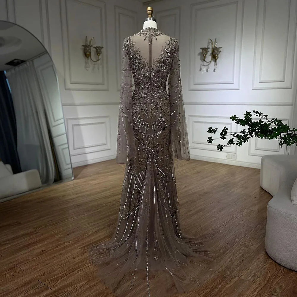 Serene Hill Dubai Gray Elegant Mermaid Beaded Lace Arabic Luxury Evening Dresses Gowns 2024 for Women Wedding Party LA72517