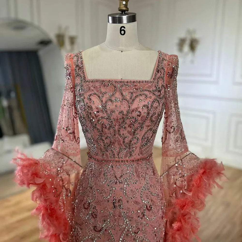 Serene Hill Flared Sleeves Mermaid Peach Beaded Feather Luxury Evening Dresses Gowns For Women's Party 2024 LA72767