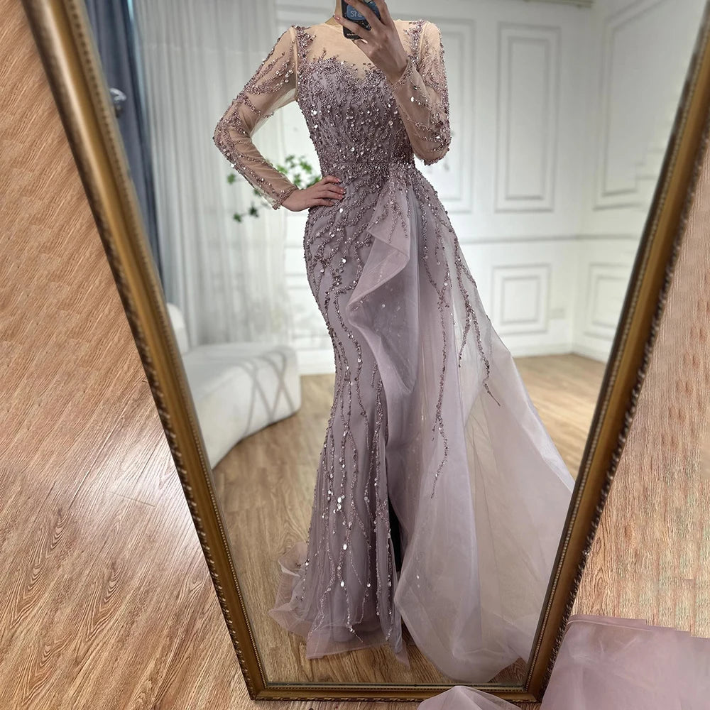Serene Hill Blue Long Sleevele Elegant Mermaid High Split Evening Dresses 2024 Women Party Gowns with Side Skirt LA72044