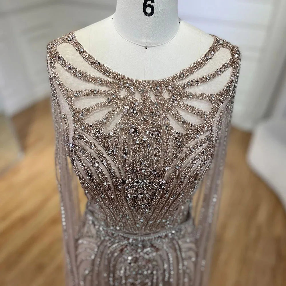 Serene Hill Brown Mermaid Elegant 2024 With Cape Sleeves Beaded Luxury Evening Dresses Gowns For Women Party LA70638