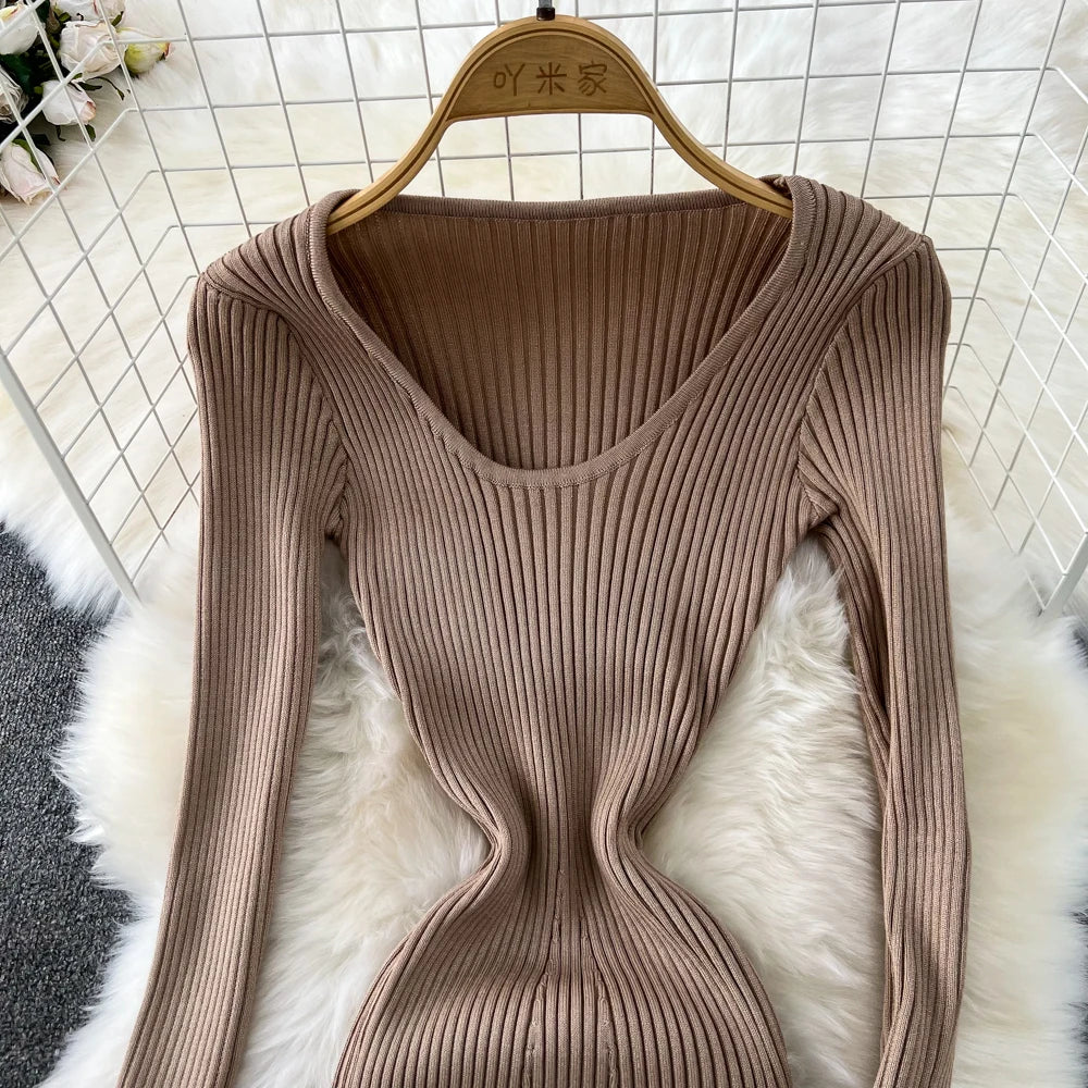 Women Chic Elegant Long Sleeve Bodycon Vneck Dress Sexy French Fashion Knit Wrap Vestidos Elastic Slim Pencil Sweater Dress