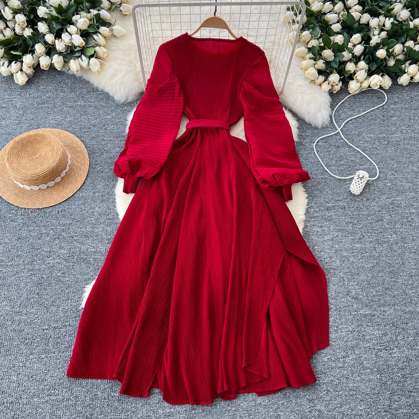 Vintage Elegant Lantern Sleeve Sweet Pleated Dress Women Basics Fashion Summer Spring Dresse