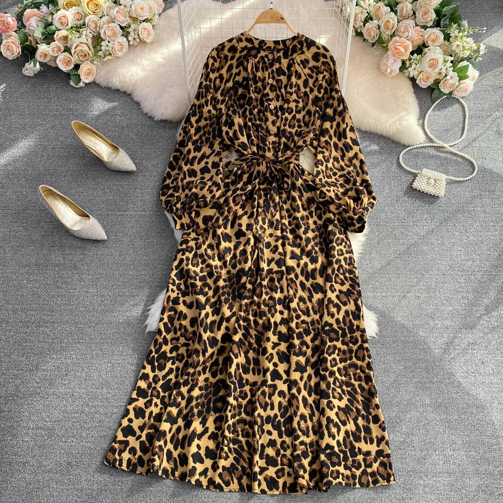 Vintage Women Casual Print Long Party Dress Elegant and Chic A-Line Leopard Prom Birthday Clothes Female Fashion Robe Autumn New