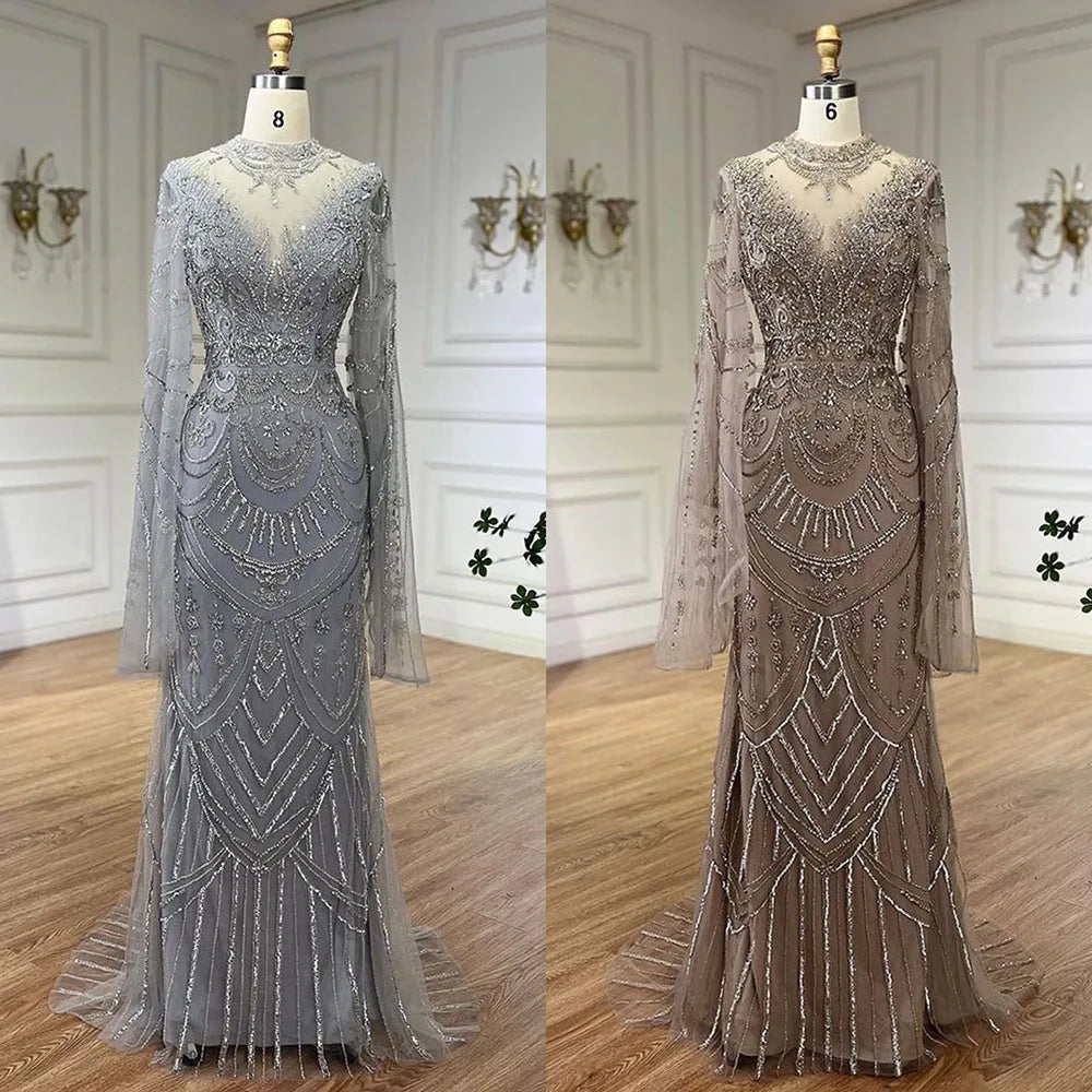 Serene Hill Dubai Gray Elegant Mermaid Beaded Lace Arabic Luxury Evening Dresses Gowns 2024 for Women Wedding Party LA72517
