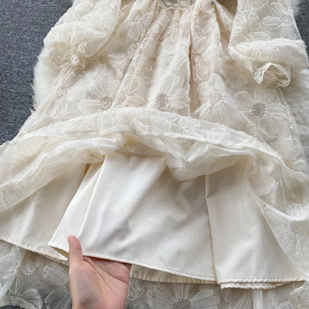 Elegant and Chic Women Fashion Lace Midi Party Dress Spring Vintage A-Line Solid Birthday Prom Vestidos Female Clothes Robe New