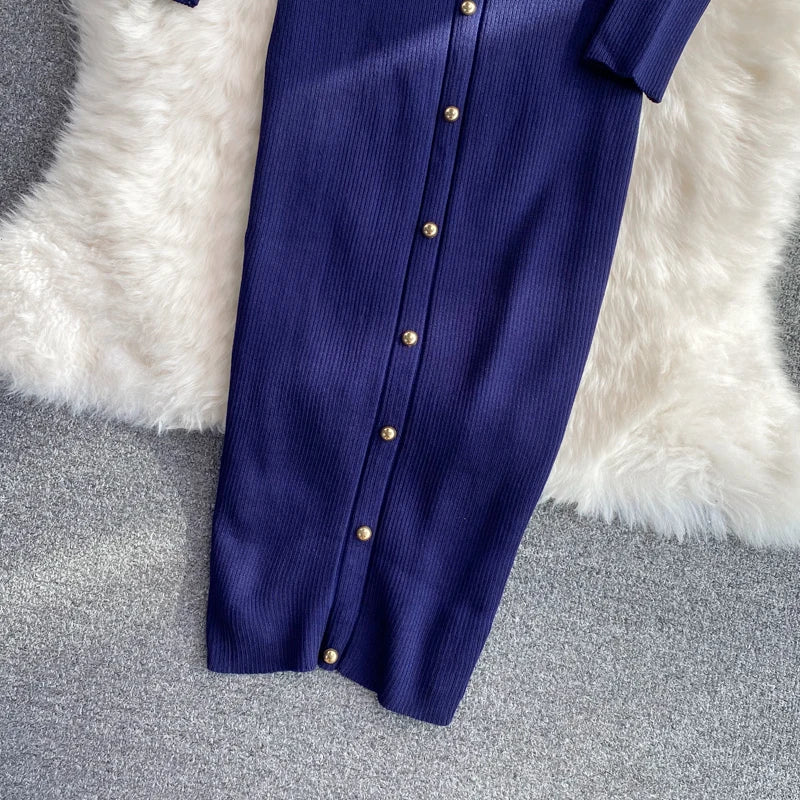 Women Chic Hollow Elegant Long Sleeve Bodycon Dress Sexy Party French Fashion Knit Wrap Vestidos Tight Slim Pencil Dress