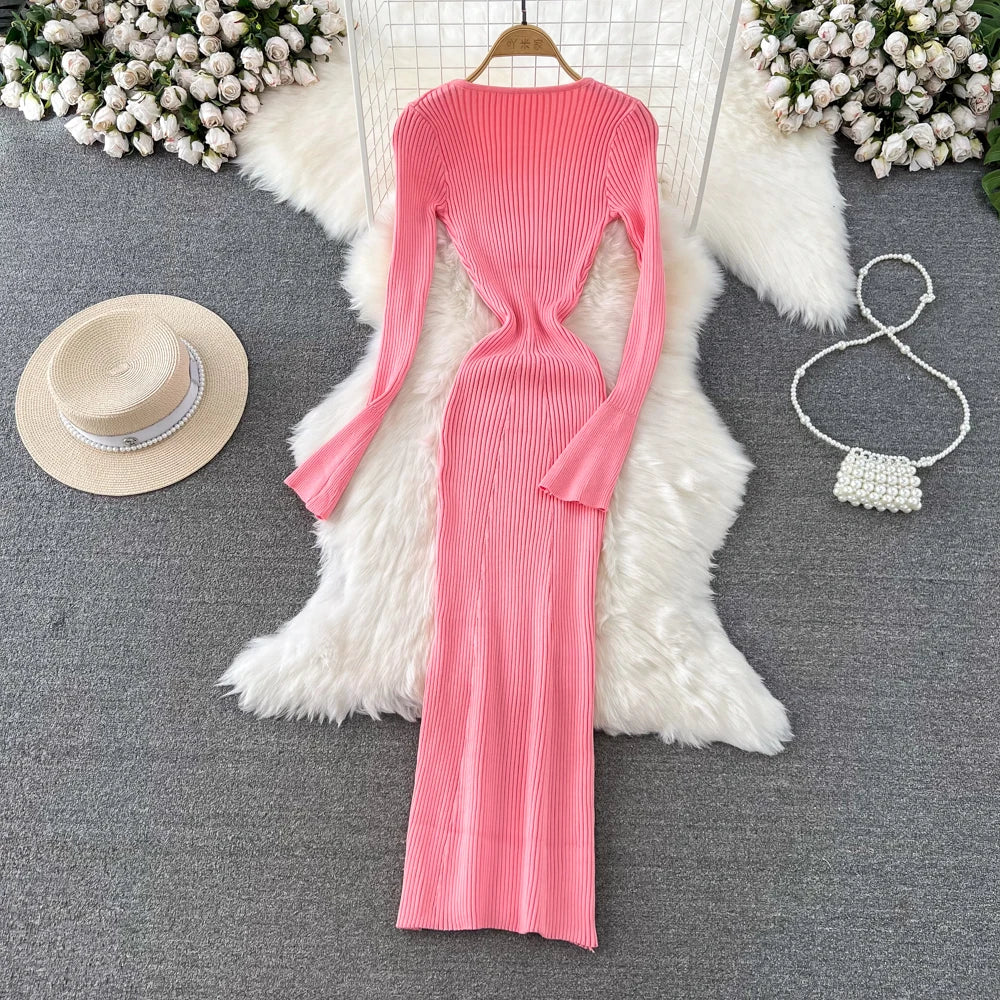 Women Chic Elegant Long Sleeve Bodycon Vneck Dress Sexy French Fashion Knit Wrap Vestidos Elastic Slim Pencil Sweater Dress