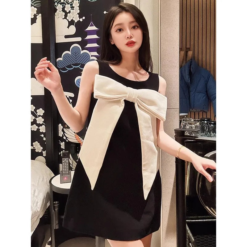 Small Fragrant Sleeveless A-line Dress With Big Bow Summer Women's Luxury Mini Dresses Trendy Temperament Evening Dress Elegant