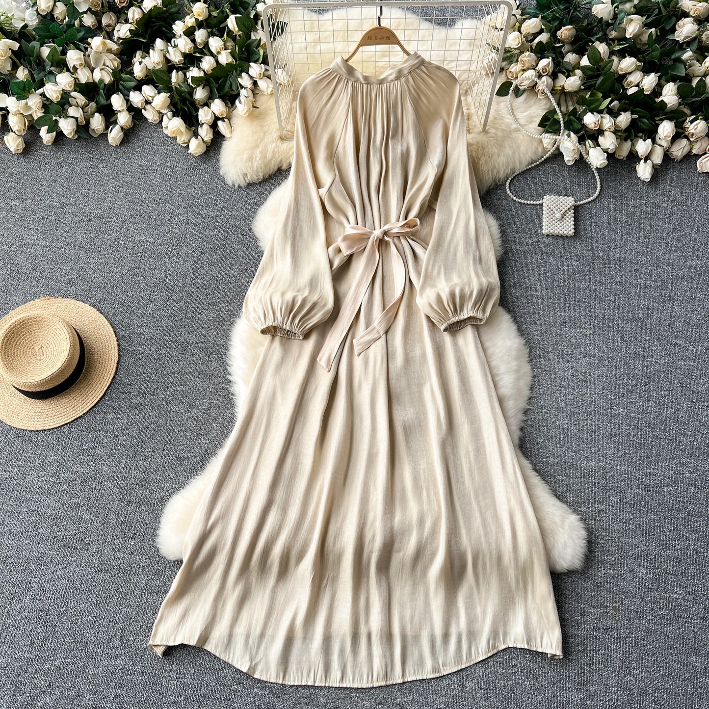 French Vintage Pleated lool sleeve print Lace-up Bow sweet Dress Casual Women Fashion summer dresses