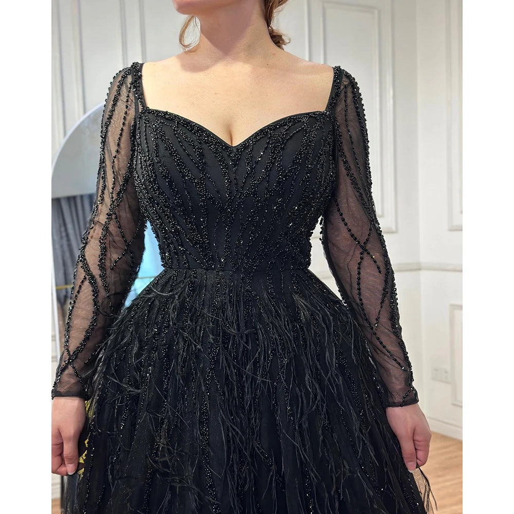 Serene Hill Arabic Red Elegant A Line For Women Long Sleeves Evening Dress Luxury Beaded Handmade Feathers 2024 LA71468