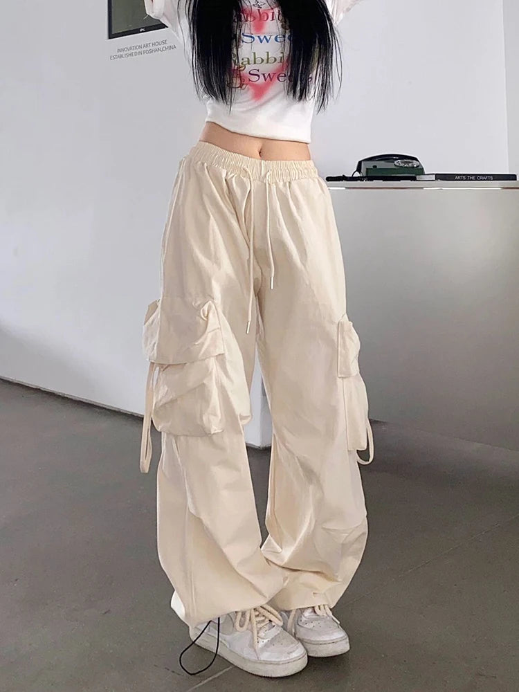 Women's High Waist Cargo Pants with Multiple Pockets Trendy Solid Color Streetwear Y2K Spring Autumn New Loose Wide Leg Trousers