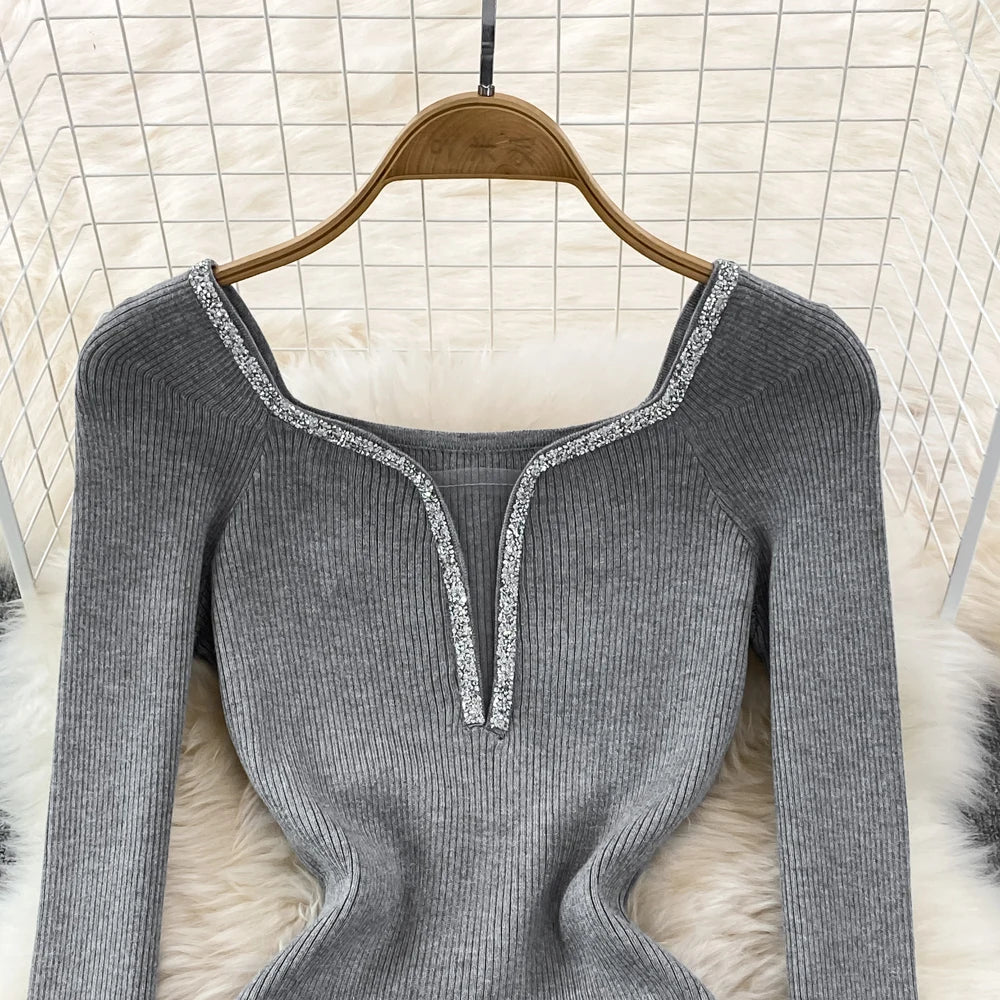 Chic Elegant Glitter V Neck Long Sleeve Elastic Bodycon Dress Sexy Fashion Knit Pencil Vestidos Slim Autumn Winter party robe