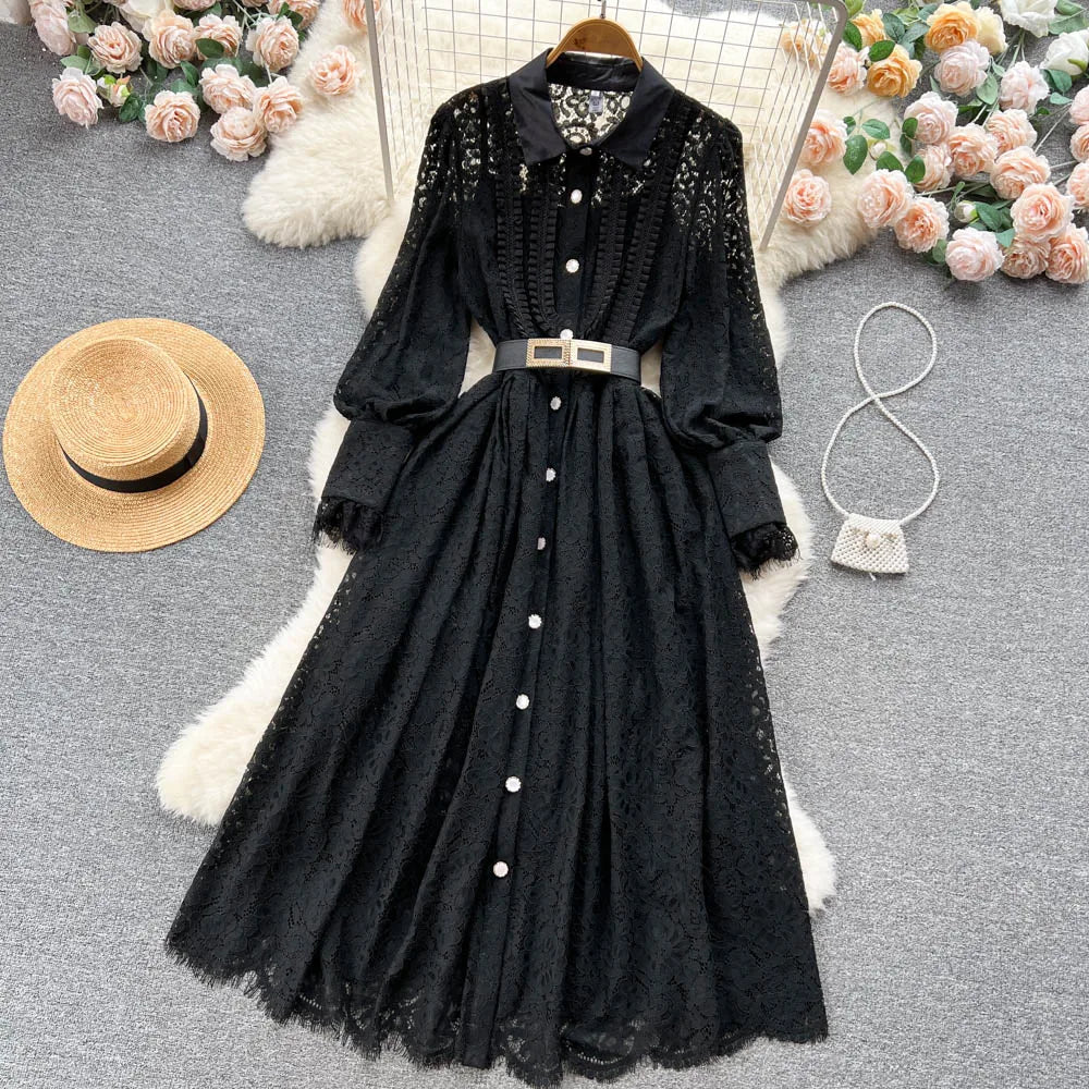 Elegant Chic Lace Hook Flower Hollow Long Sleeve Lapel Dress Party A-line Vestidos High Waist Basic Women Autumn Winter Dress