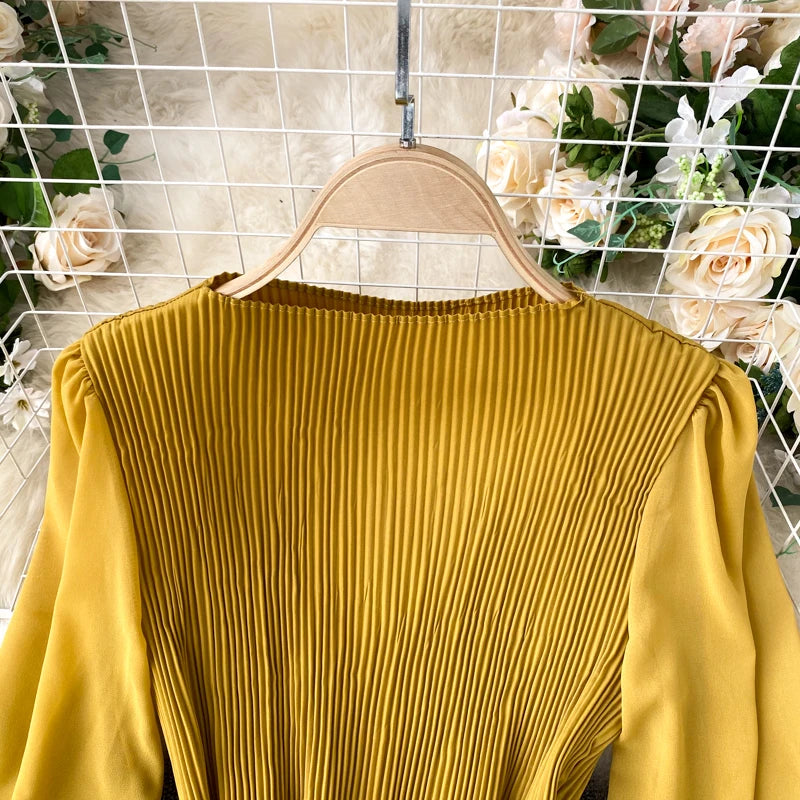 Chic Pleated Elegant Puff Sleeve Dress A-line Chiffon High Waist Belt Beach Vacation Party Dress Women Summer Spring Vestidos