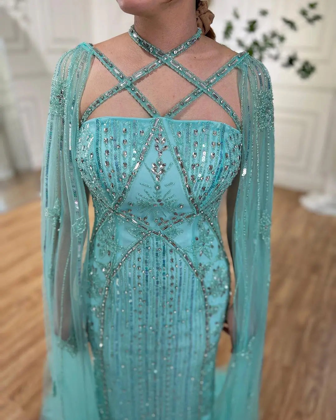 SERENE HILL Arabic Caramel Mermaid Elegant Cape Sleeves Beaded Luxury Evening Dresses 2024 Formal Gown For Women Party GLA71905A