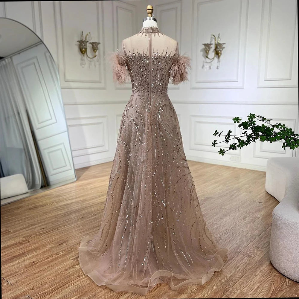 Serene Hill 2024 Arabic blue A Line Short Sleeveless Luxury Evening Dresses Beaded Feathers For Women Wedding Party LA72351