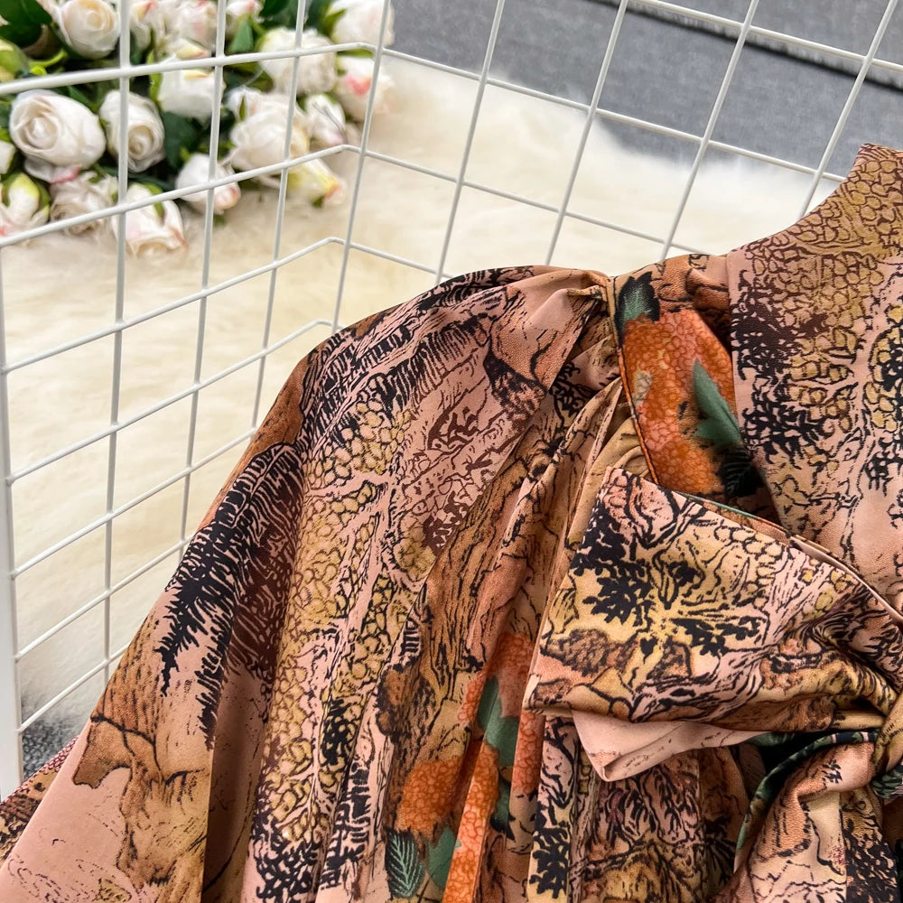 Elegant Casual A-Line Vintage Ruffle Print Long Dress Autumn Lantern Sleeve Party Boho Dresses Beach Holiday Female Vestidos