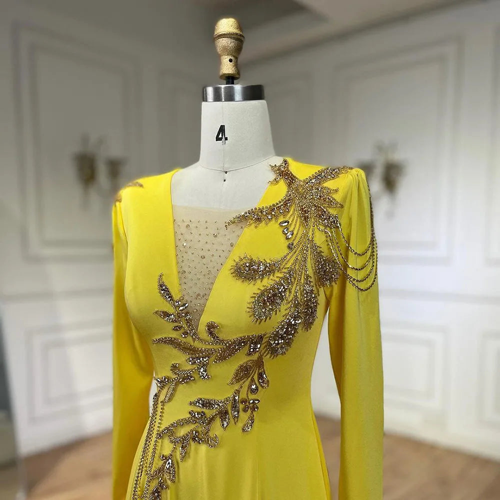 Serene Hill Luxury Dubai Arabic Yellow Mermaid Elegant Tassel Beaded Evening Dresses Gowns For Women Wedding Party 2024 LA72555