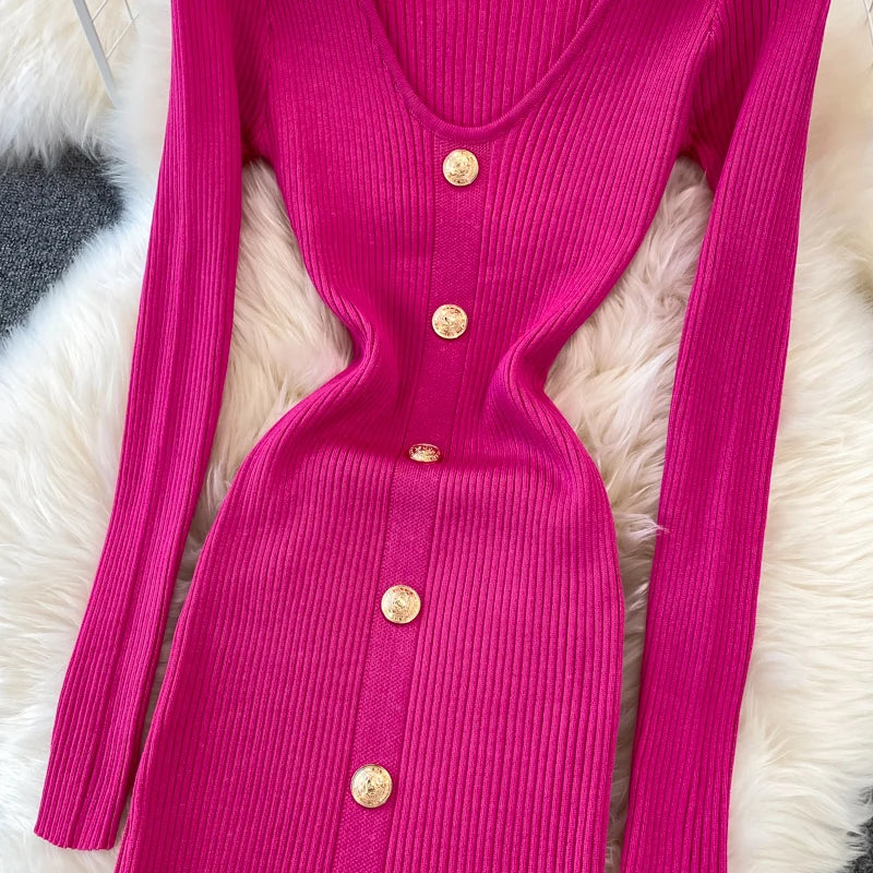 Chic V Neck Long Sleeve Elegant Mermaid Dress Sexy slim Evening Party French Fashion Knit Vestidos High Waist Autumn Slim Robe