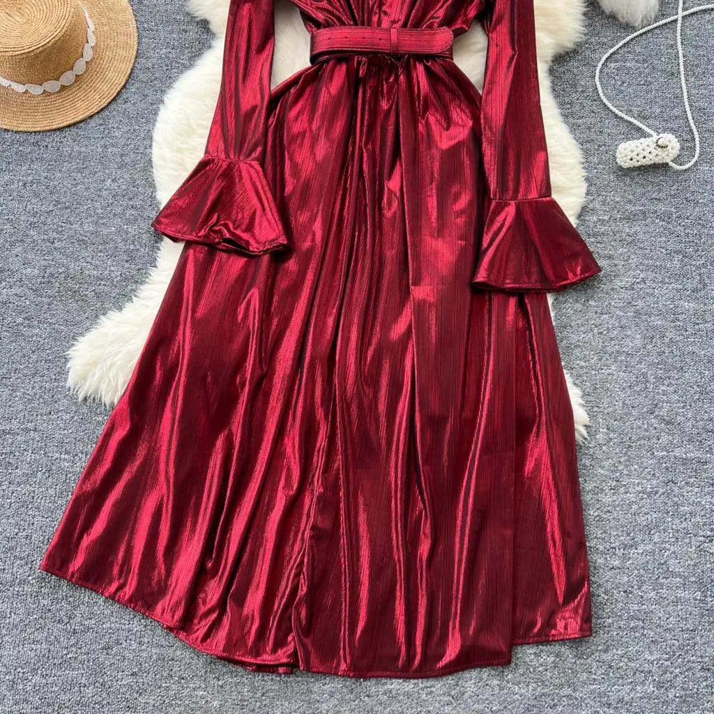 Autumn Vintage Pleated Women Long Dress Elegant Stand Collar Solid A-Line Party Prom Vestidos Female Birthday Clothes Mujers