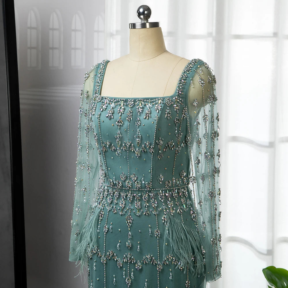 Serene Hill Muslim Turquoise Mermaid Elegant Evening Dresses Gowns 2024 Luxury Beaded Feather For Women Party LA71722