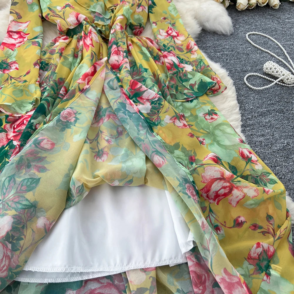 Women Elegant Floral Print Dress for Women Vintage V-Neck Long Sleeves Chiffon Slim A-Line Vestidos Mujer Autumn Female Clothes