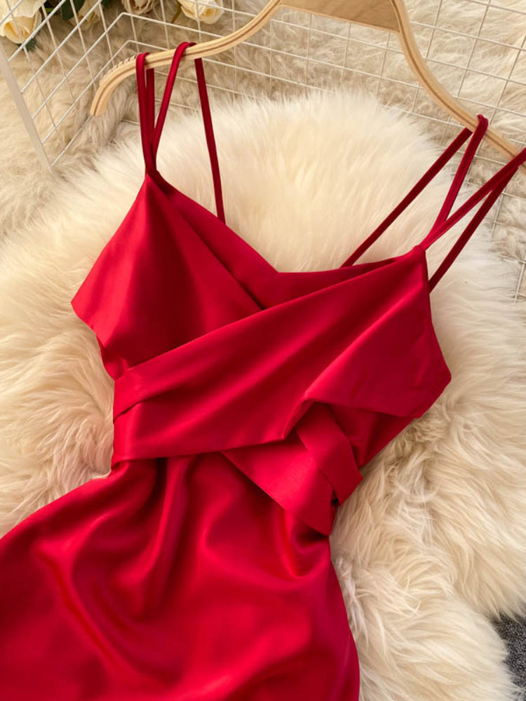 New Women Casual Long Dress Summer Cross V-neck Sexy Off-shoulder Dresses Ladies Sleeveless Slim Satin Long Robe Vestidos