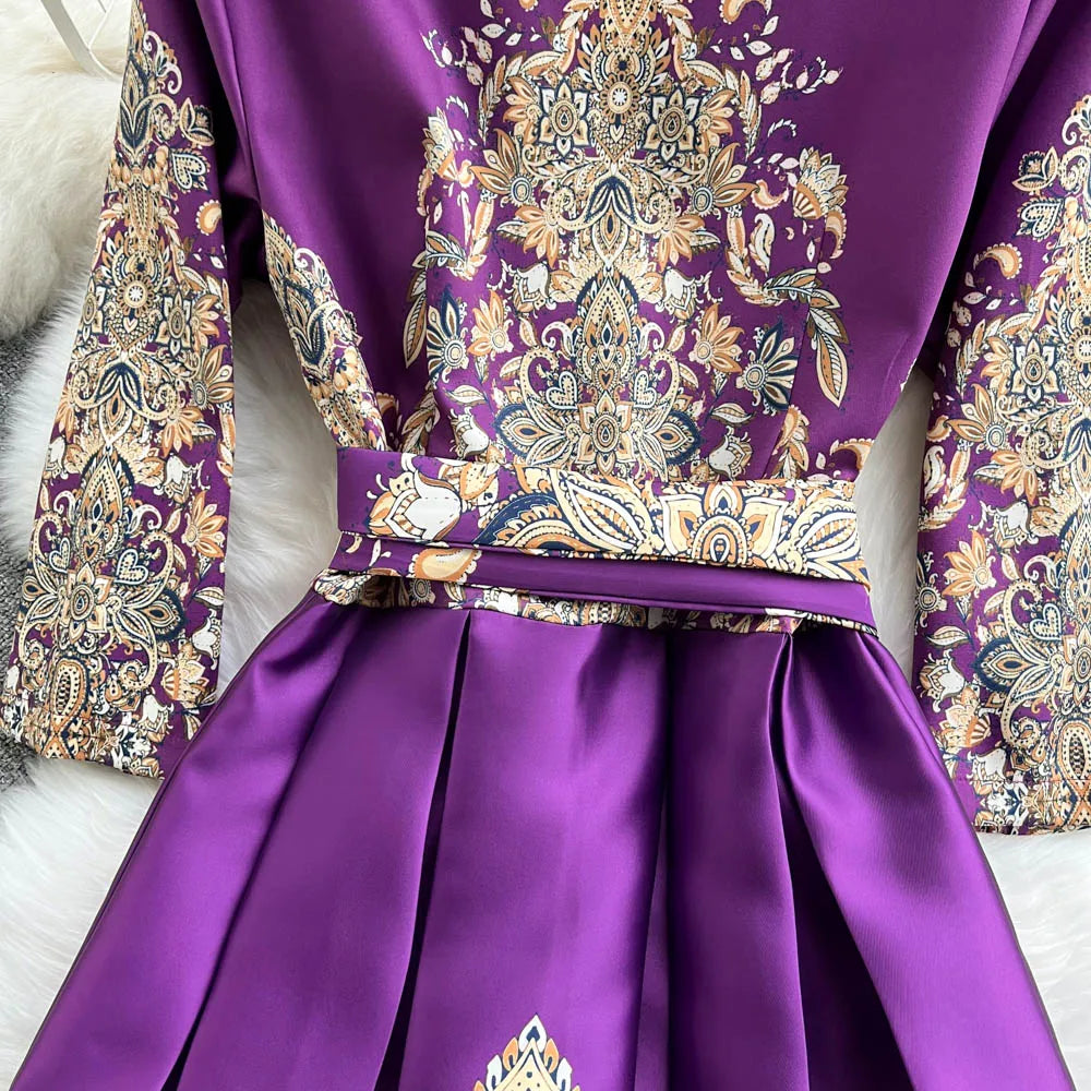 Pinkou Women Elegant Print Maxi Dress Cross V Neck Bow Tie Sashes Three Quarter Sleeve Female Chic Wrap Dresses Vestido QA815