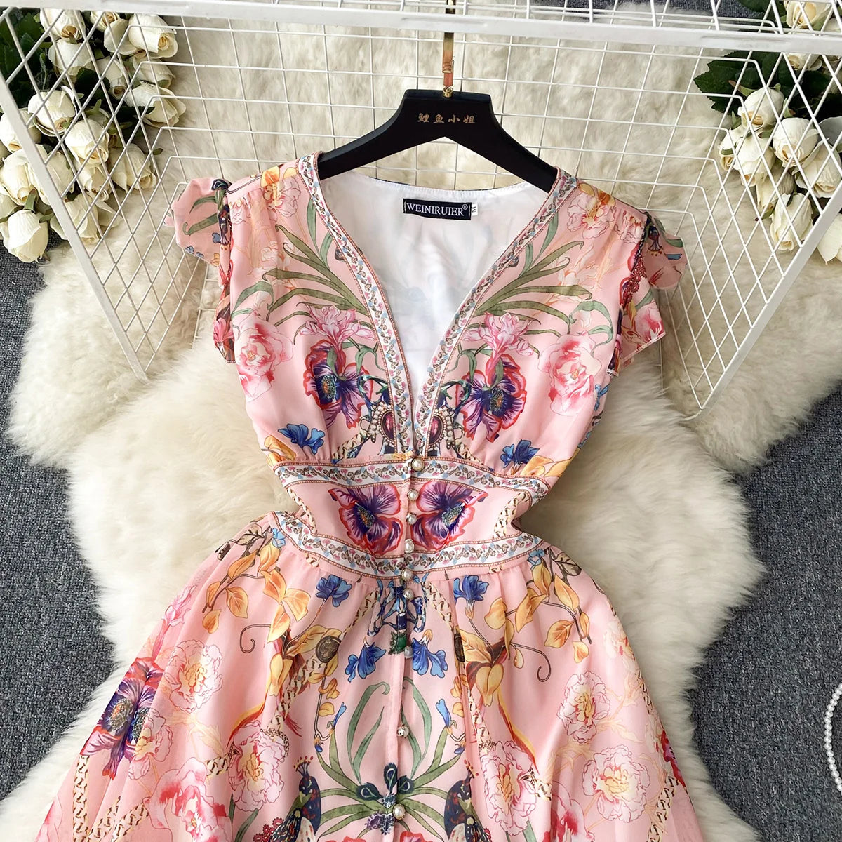 Short Dresses Women Cap Sleeve Vintage Print Chiffon Dress Faux Pearl Buttoned V Neck Ruffle Hem Wedding Elegant Party Dress