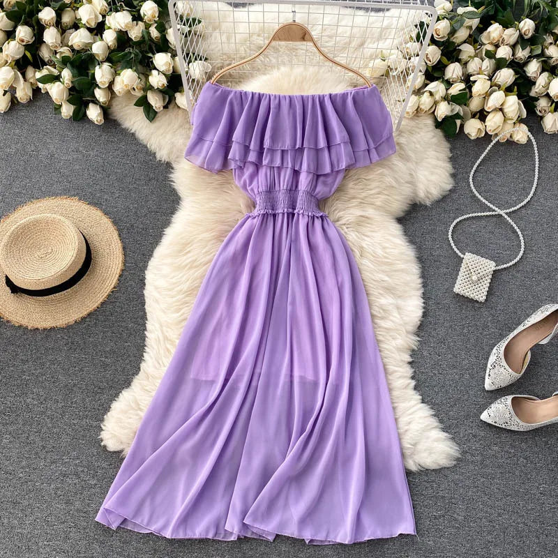 Women Chiffon Beach Dress Sexy Double Layer Ruffled Off The Shoulder Boho Dresses Ladies Sweet Slash Neck Long Dress