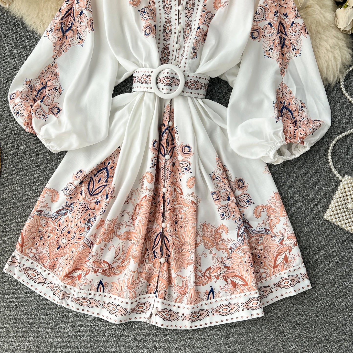 Vintage Print Elegant V-eck Single Breasted Lantern Long Sleeve Dress A-line Casual Women Fashion Summer Spring Vestidos