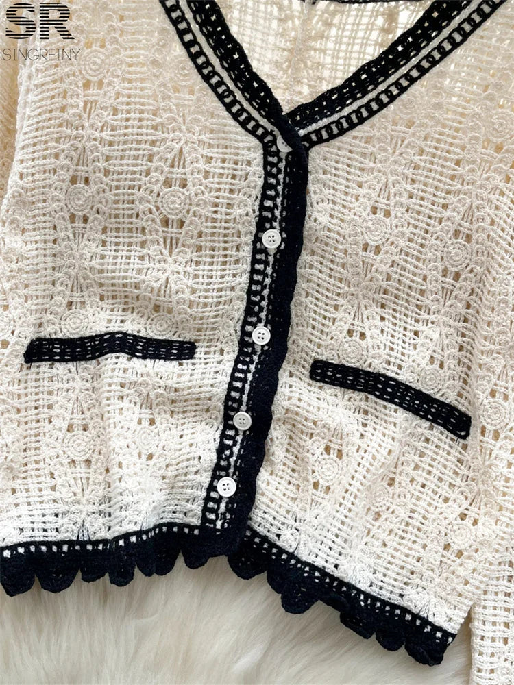 SINGREINY Autumn Color Block Knitting Cardigan Women V Neck Long Sleeve Single Breasted Design Hook Flower Hollow Basics Coat