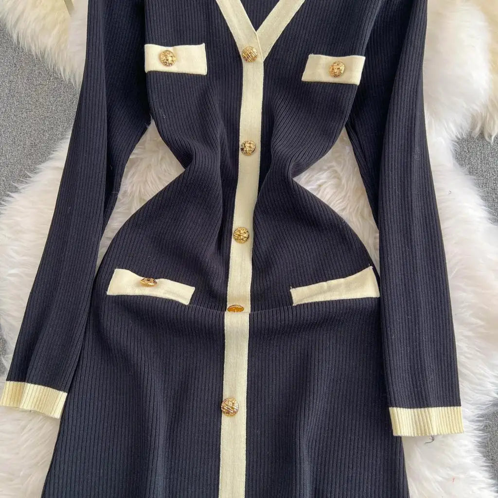 Elegant Women Fashion Casual Bodycon Knitted Dress Vintage Single Breasted Party Birthday Prom Vestidos Female Clothes Long Robe