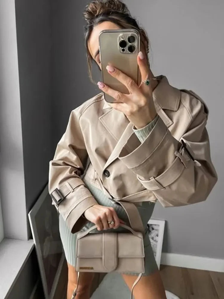 Fashion Belt Cropped Trench Spring Jacket Women Vintage Streetwear Double Breasted Long Sleeve Top Female Coat Outfits