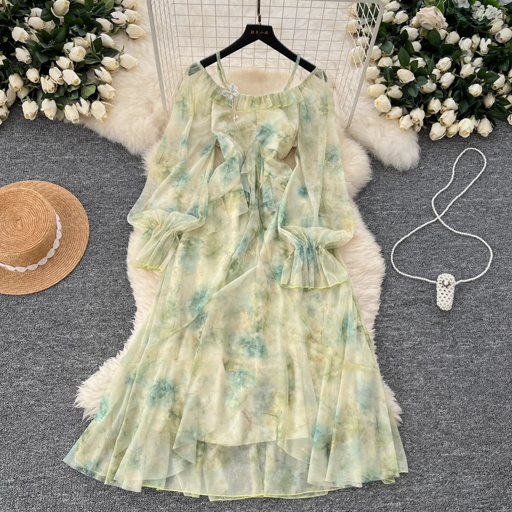 Elegant Bright Silk Print Party Dress for Women Casual Off Shoulder Spaghetti Strap Flare Sleeve Slim Waist Vestidos A-Line Robe