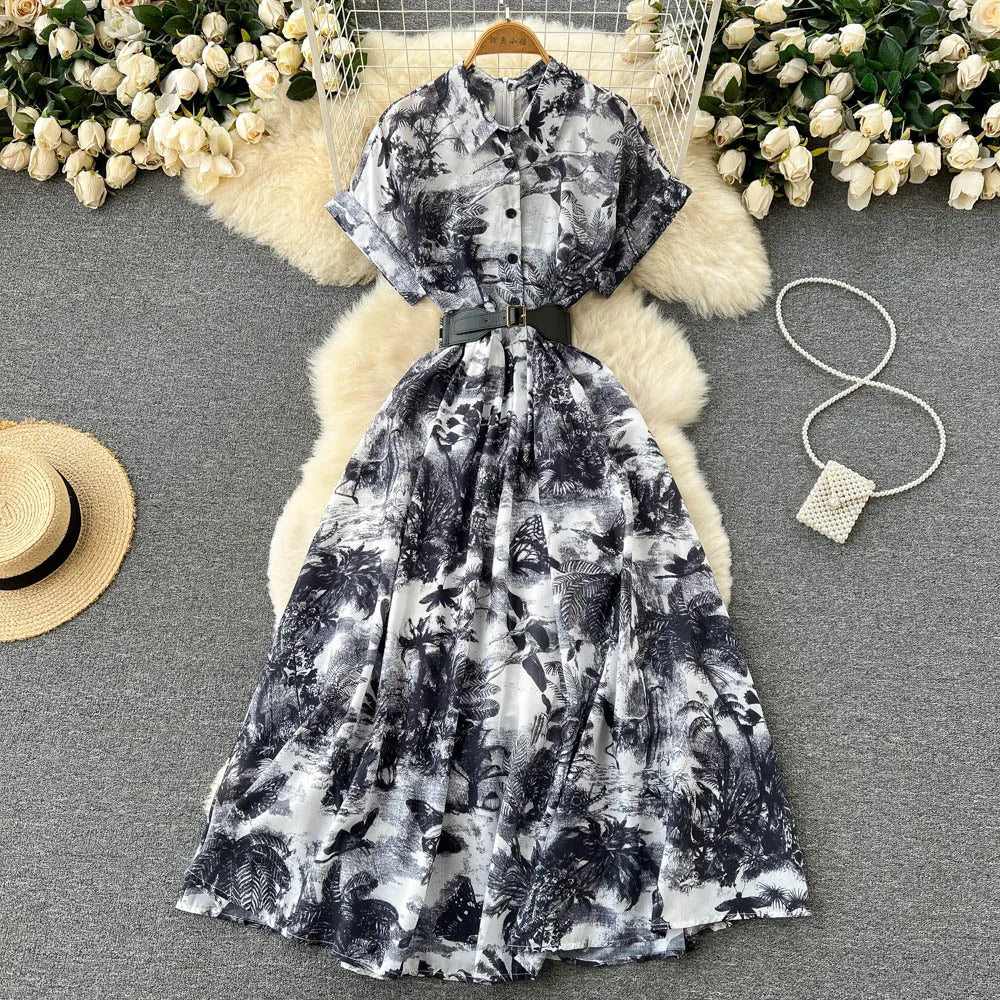 Vintage Tie Dye Print Shirt Dress Women Elegant Summer High Waist Slim A Line Printed Chiffon Long Robe Ladies Casual Long Robe