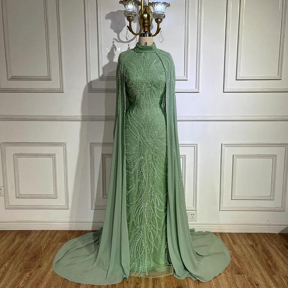 Serene Hill 2024 muslim Sage Green Mermaid Cape Sleeves Beaded Satin Luxury Evening Dresses Gowns for Women Party LA72413