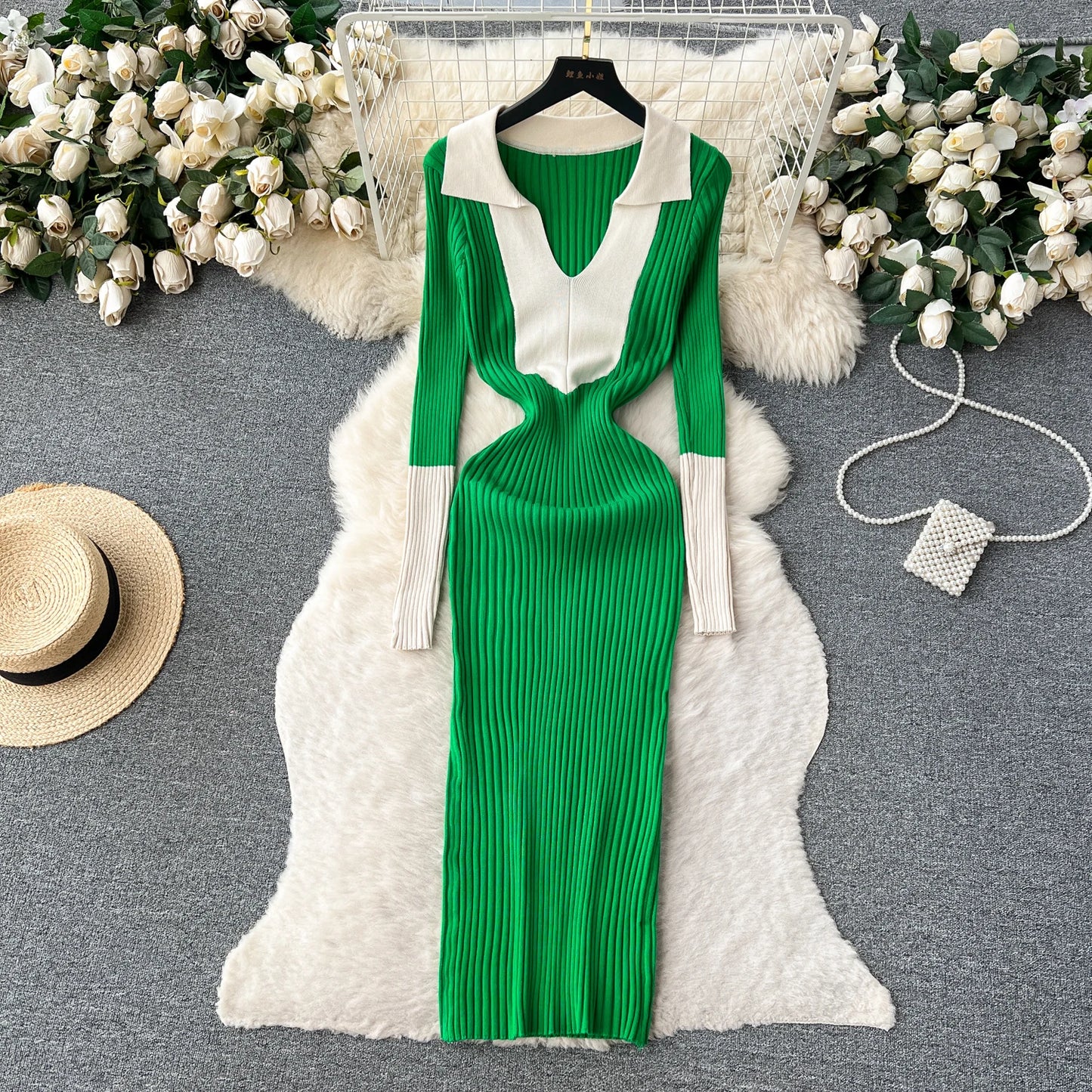 Elegant Polo-neck Long Sleeve Knit Bodycon Pencil Dress Slim Basic Fashion Sweater Vestido Sexy Women Autumn Winter Clothing