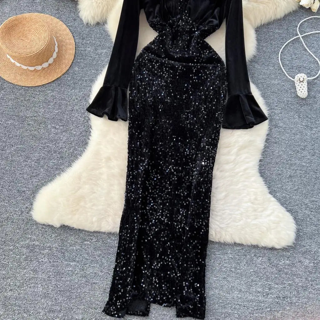 Women's Sexy Velvet Evening Gown Luxury Dresses V-Neck Flare Sleeve Split Long Dress Fashion Slim Robe Birthday Party Autumn New