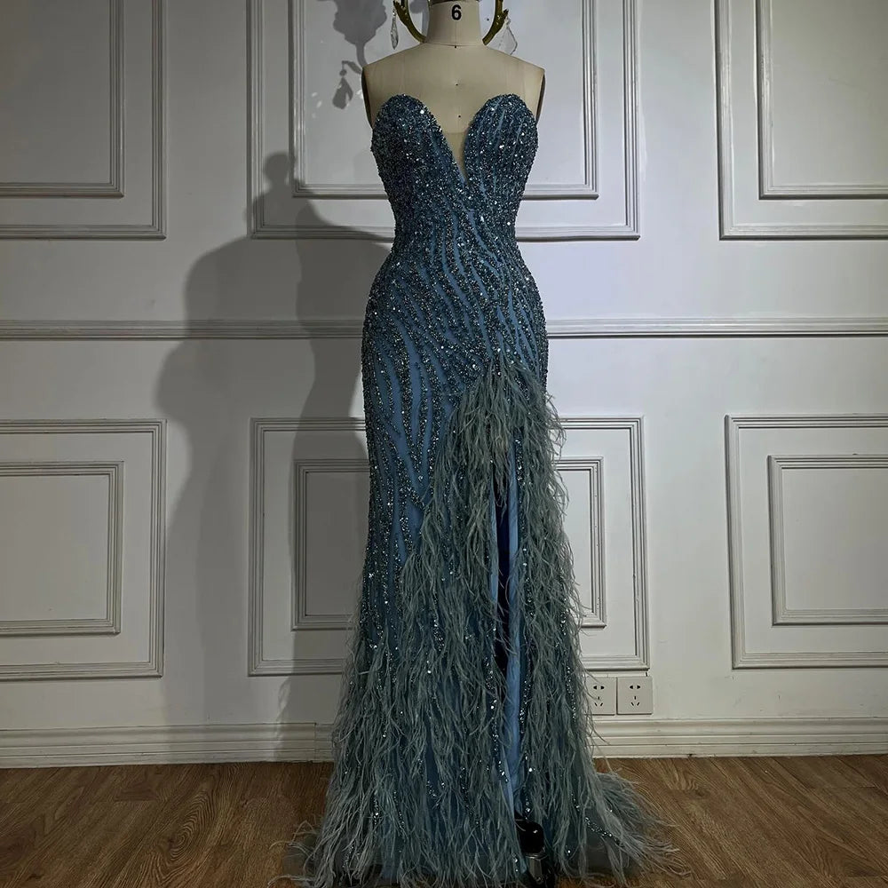 Serene Hill 2024 Arabic Strapless Blue Beaded Feathers Luxury Dubai Evening Gowns with Side Skirt for Women's Party LA72695