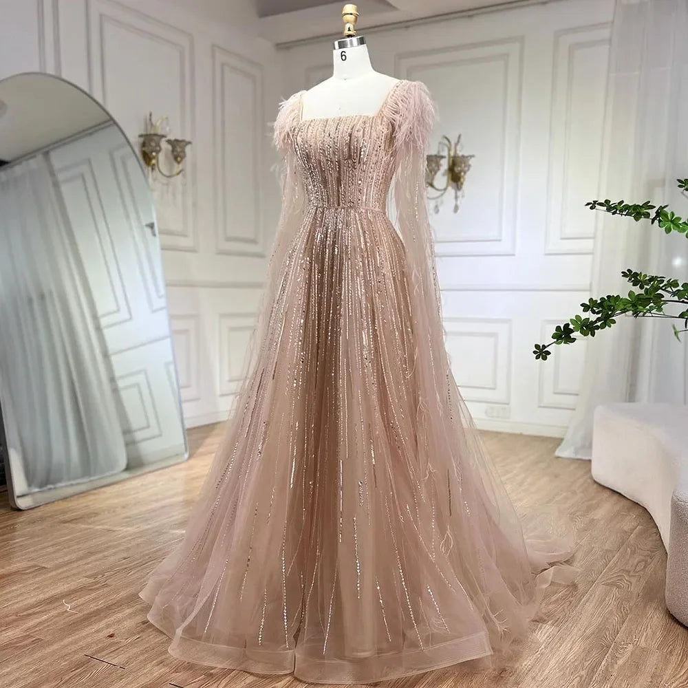 Serene Hill Luxury Dubai A Line Blue Cape Sleeves Feathers Beaded Evening Dresses Gowns 2023 For Women Wedding Party BLA72236