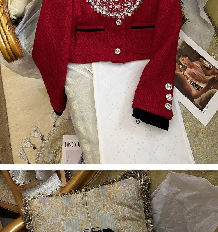 Spring Rhinestone Decoration Tweed Jacket for Women Exquisite Elegant Female Sequin Coat Autumn Trendy Commuter Crop Outerwear