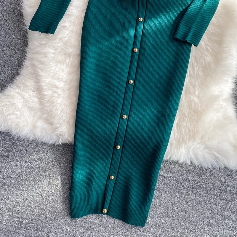 Women Chic Hollow Elegant Long Sleeve Bodycon Dress Sexy Party French Fashion Knit Wrap Vestidos Tight Slim Pencil Dress